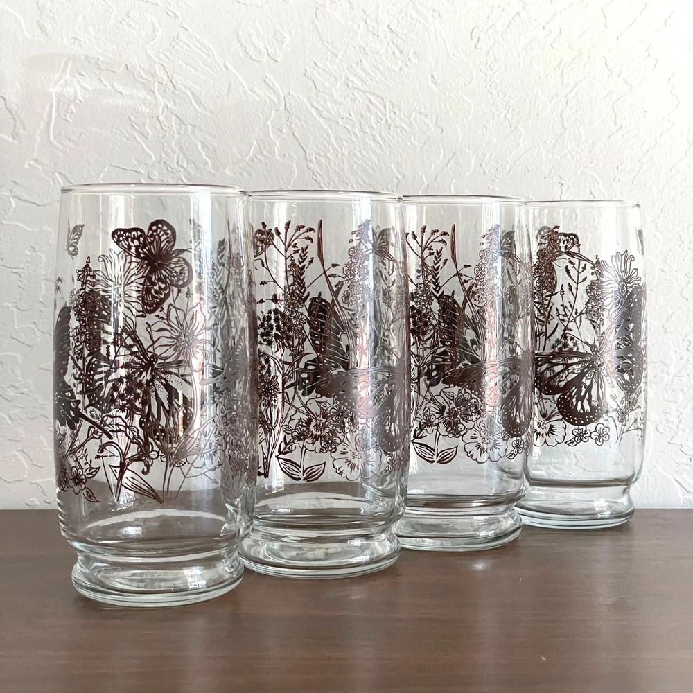 Vintage Butterfly Glassware Set‎ (4) 70s 60s Brown Glasses Floral